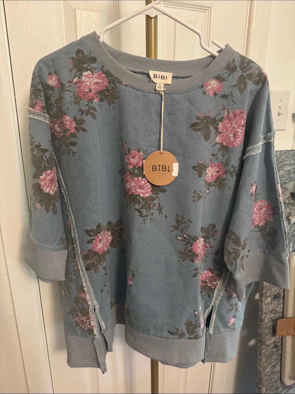BiBi floral print denim top XL - Picture 2 of 6
